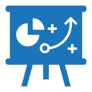 Blue presentation board with charts and arrows.