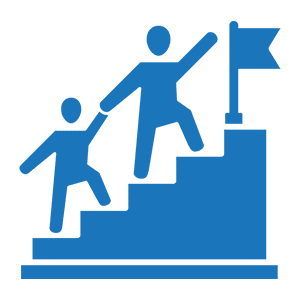 Two figures climbing stairs toward flag.